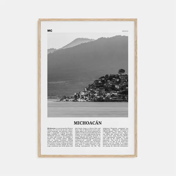 Michoacan Black and White Map, Mexico Travel Poster