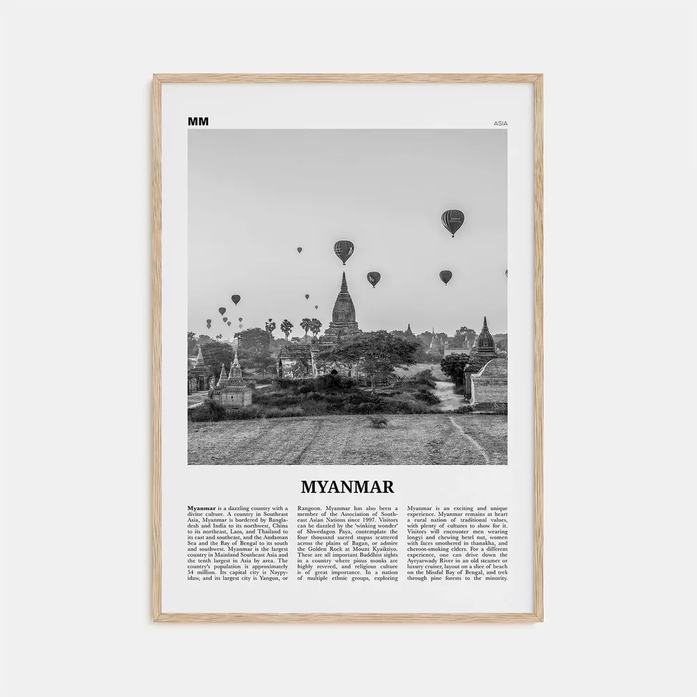 Myanmar Black and White Travel Poster, Asia Decor