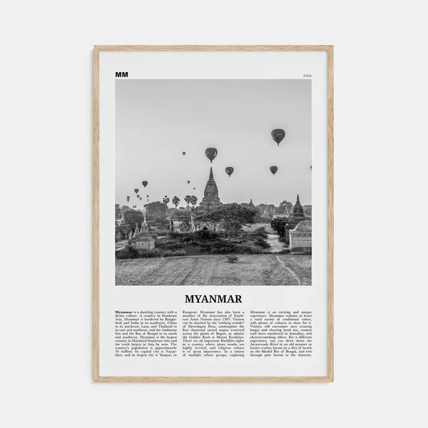 Myanmar Black and White Travel Poster, Asia Decor
