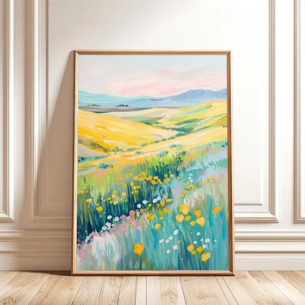 Wildflowers Landscape Painting, Colorful Landscape Art Print