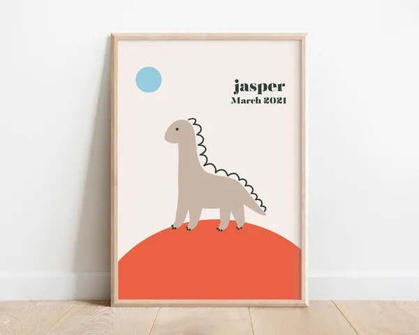 Custom Kids Baby Name Art, Retro Dinosaur Poster