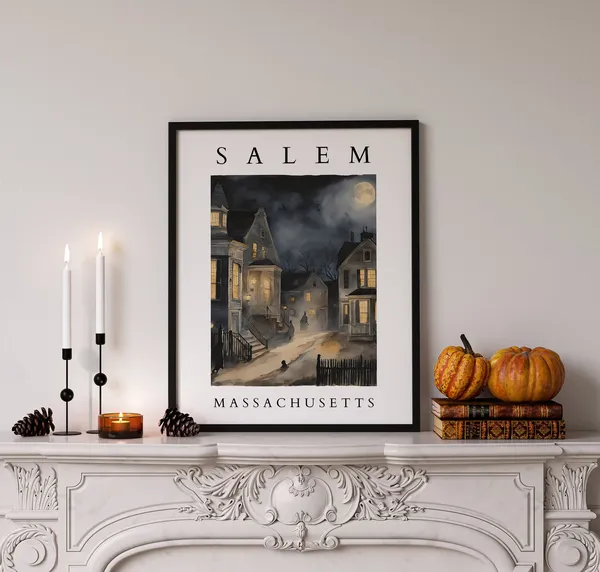 Salem Massachusetts Watercolor Art Print, Halloween Cityscape