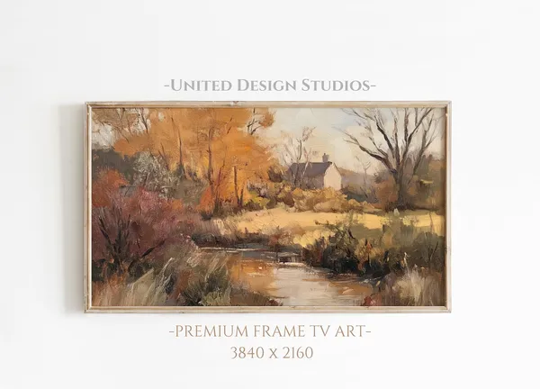 Autumn Landscape Textured Oil Painting, Cottagecore