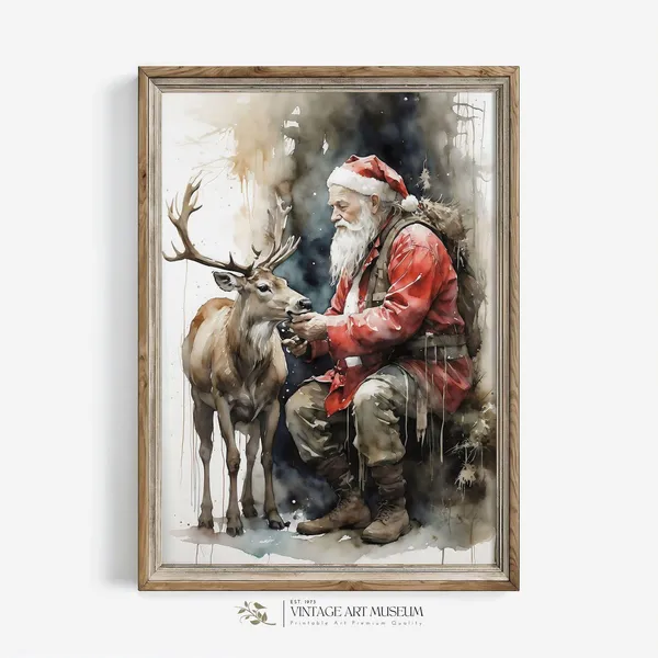 Santa Feeds A Deer Watercolor, Vintage Christmas Art Print