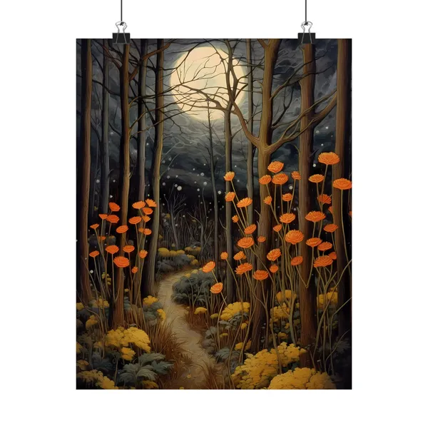 Autumn Forest Art Print, Rustic Moody Landscape Moon