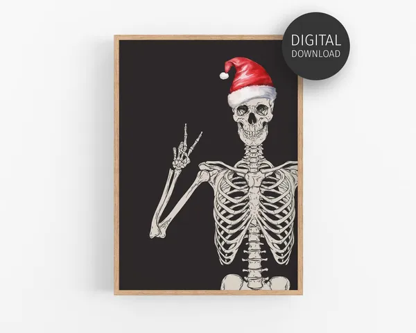 Christmas Skeleton With Santa Hat Poster, Goth Decor