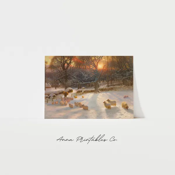 Antique Sheep In A Snowy Landscape, Vintage Art Print