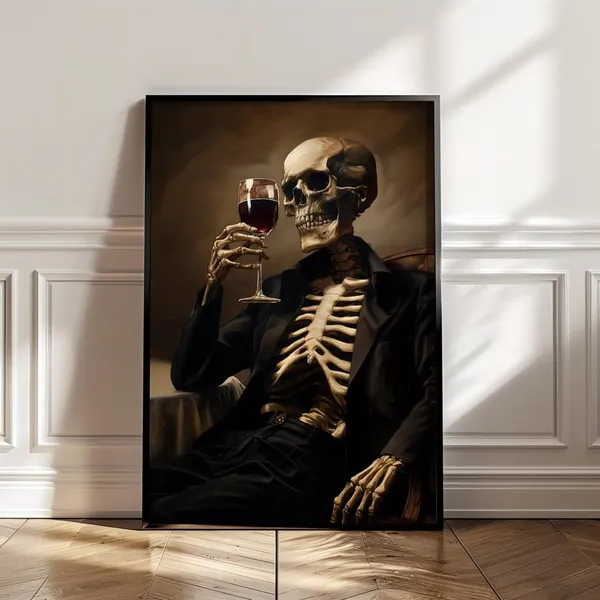 Skeleton Drinking Wine Halloween Art Print, Bar Cart Decor