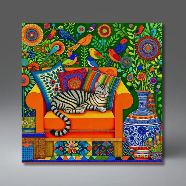 Mexican Folk Art Ceramic Tile, Cat Lover Boho Wall Art Print