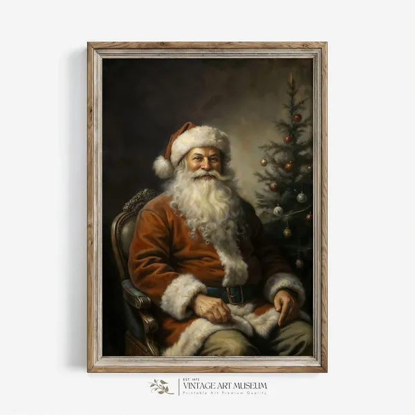Happy Santa Portrait Vintage Christmas Art Print