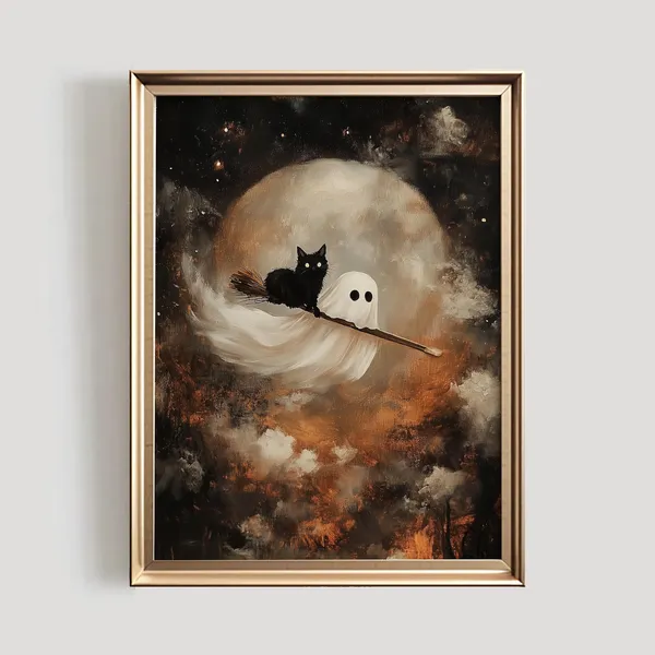Ghost And Black Cat Halloween Cute Spooky Decor Art Print