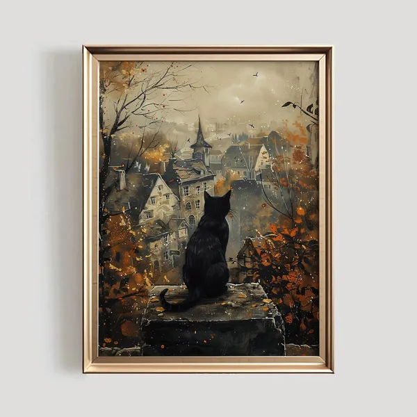 Halloween Black Cat Art Print, Cute Spooky Fall Decor