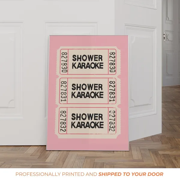 Retro Shower Karaoke Art Print, Pink Bathroom Decor