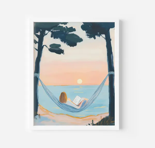 Girl Reading at Sunset Beach Hammock Art Print