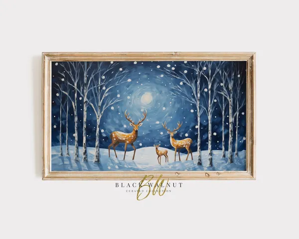 Reindeer in Snow Winter Blue Landscape Art Print
