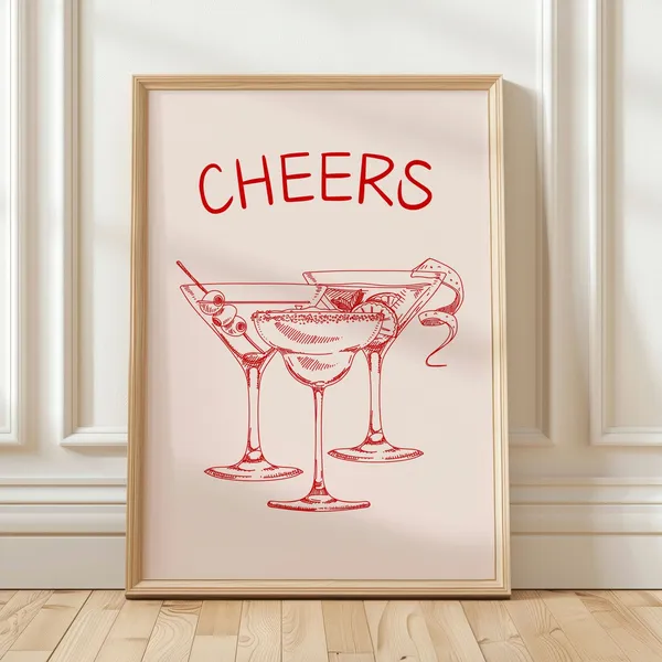 Red Bar Cart Cheers Cocktail Bar Prints Poster