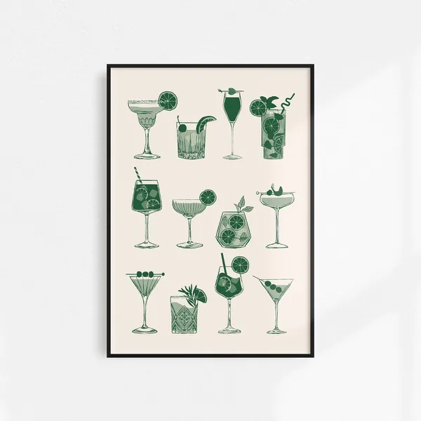 Green Cocktails Retro Bar Cart Art Print