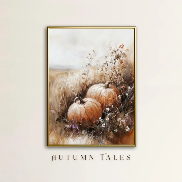Fall Pumpkin Wildflower Landscape Vintage Farmhouse Art Print