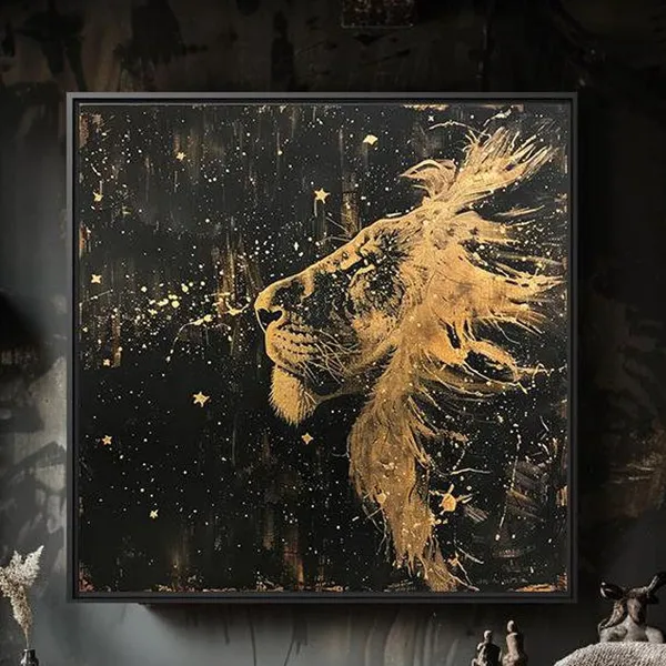 Golden Lion Portrait, Starry Night Animal Art Print