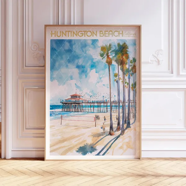 Huntington Beach Watercolor Travel Poster, USA