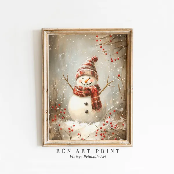 Vintage Snowman Painting Art Print, Nursery Holiday Decor