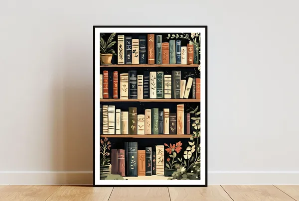 Bookshelf Vintage Boho Poster, Living Room Art Print