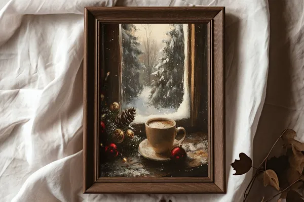 Christmas Coffee Cozy Decor, Winter Art Print