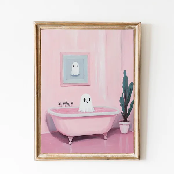 Cute Ghost In Bath Pink Halloween Art Print