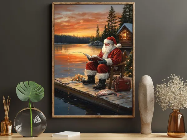 Vintage Santa Reading And Fishing Christmas Art Print
