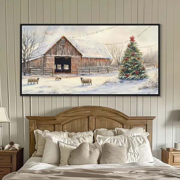 Christmas Barn and Sheep, Rustic Farmhouse Art Print