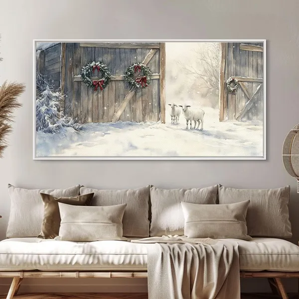 Snowy Barn Christmas Scene, Farmhouse Art Print