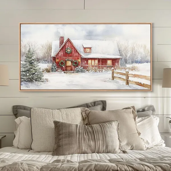 Snowy Red Farmhouse With Wreaths, Holiday Lights Art Print