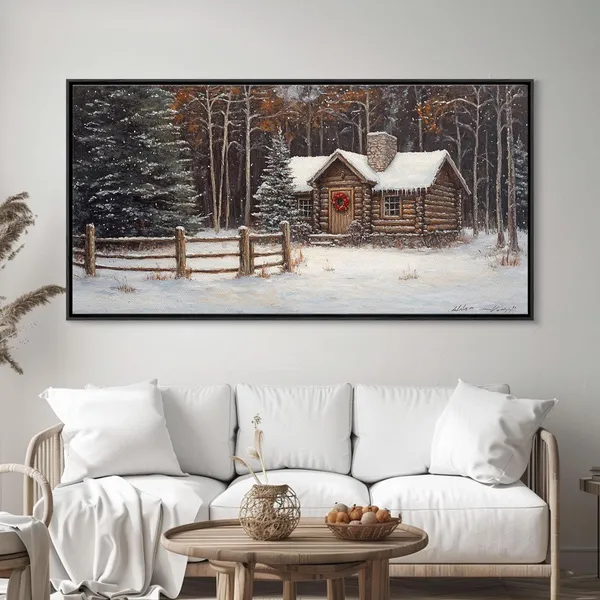 Snowy Log Cabin Christmas Art Print, Rustic Holiday