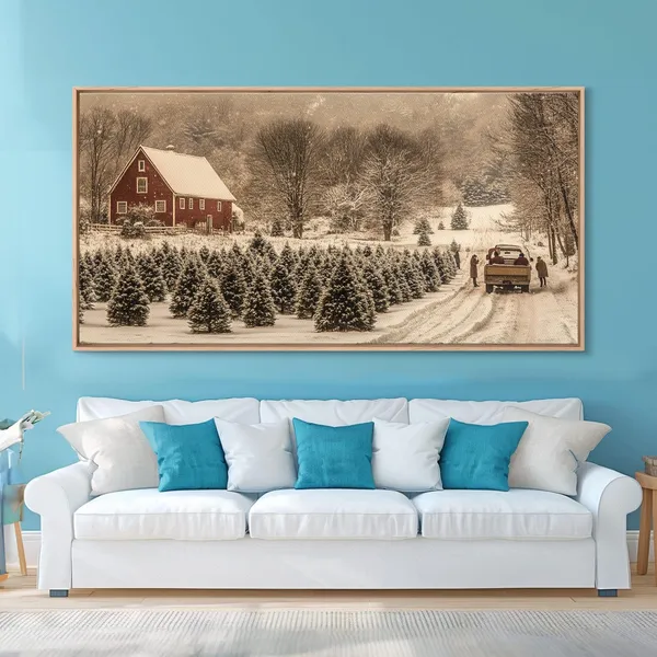 Snowy Farmhouse Christmas Tree, Rustic Holiday Art Print