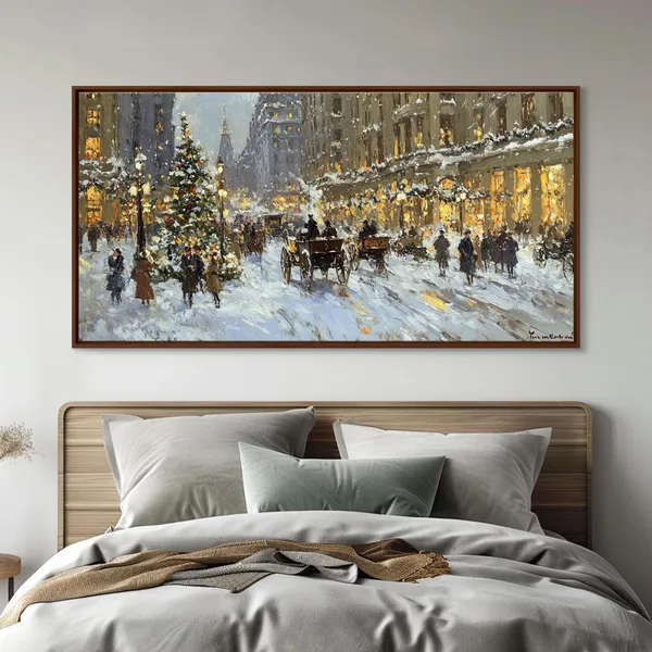 Bustling Christmas Street Scene, Vintage Art Print
