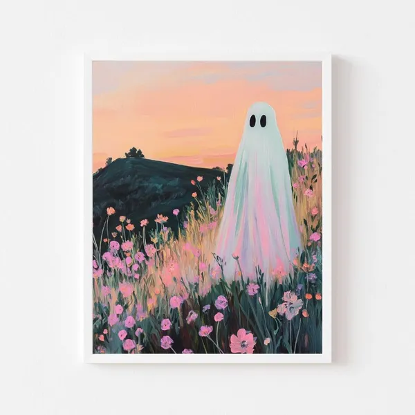 Ghost in a Pink Meadow, Spooky Cute Halloween Art Print