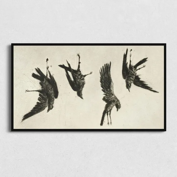 Halloween Falling Ravens, Monochrome Wall Art Print