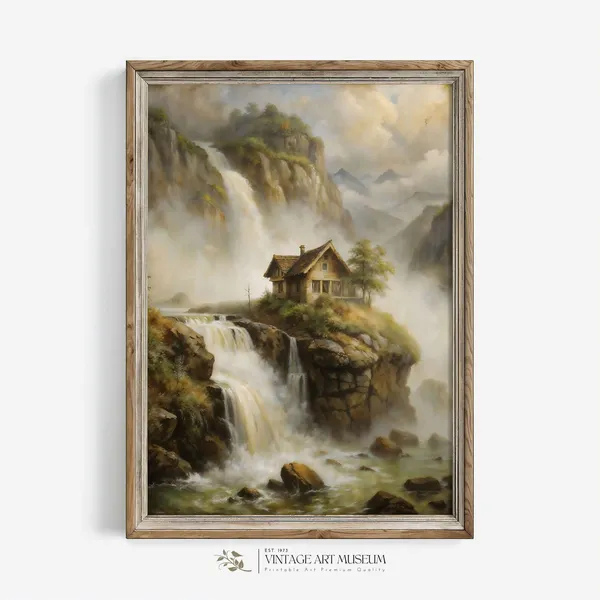 Scandinavian Waterfall Landscape Vintage Nordic Art Print