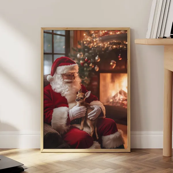Santa Claus With Reindeer Vintage Holiday Poster