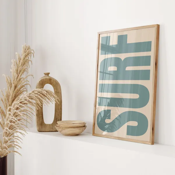 Surf Poster Beige Neutral Prints Blue Typography Art Print