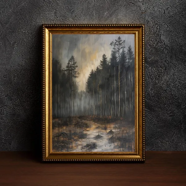 Rustic Forest Landscape, Vintage Dark Academia Art Print