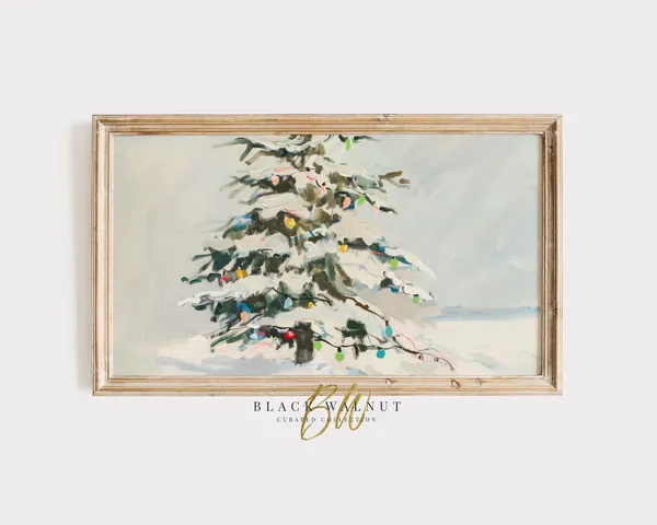 Pastel Christmas Tree Art Print, Winter Landscape