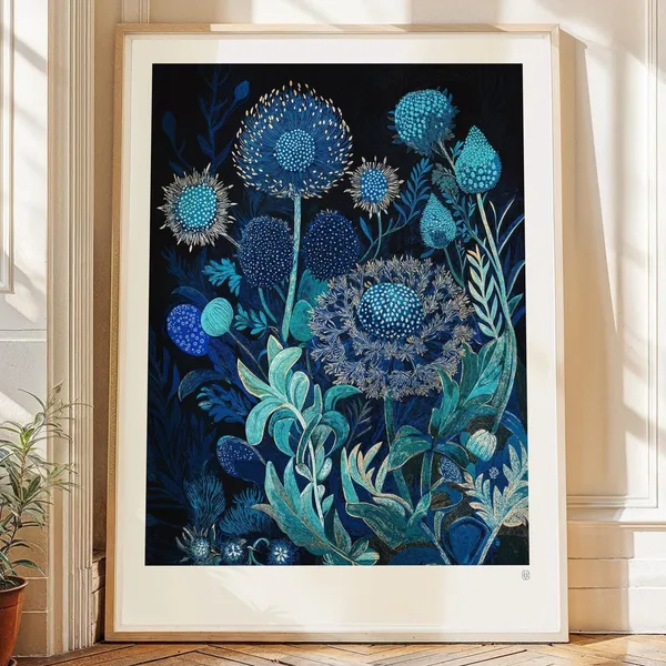 Blue Flowers Rustic Botanical Block Print Art Print