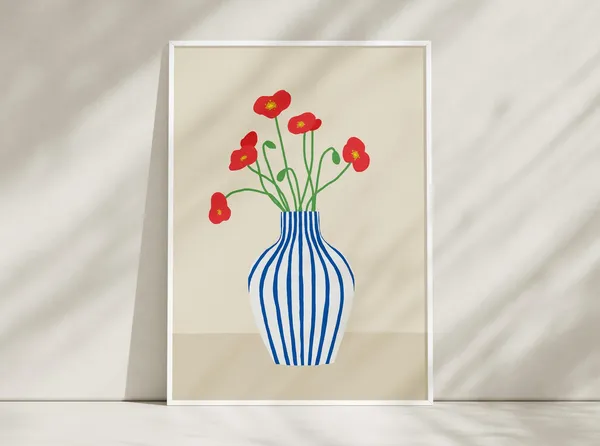Poppies and Tulips Bouquet Art Print, Minimal Floral