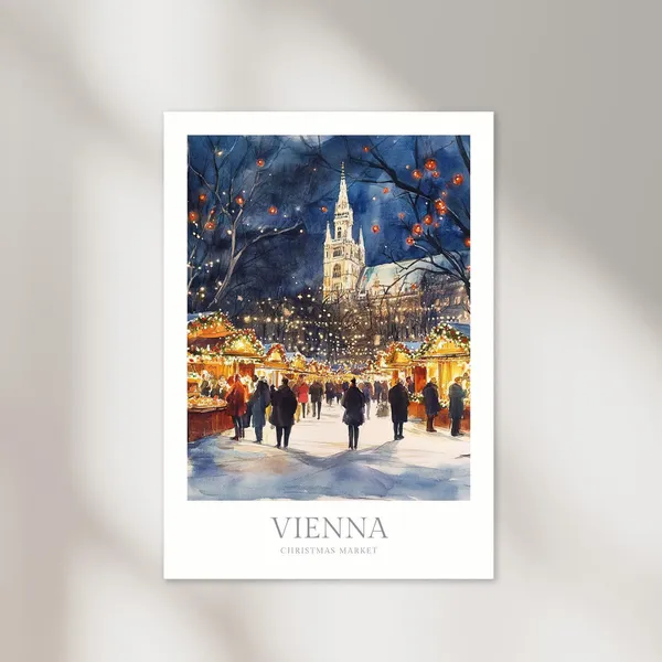 Vienna Christmas Market Watercolor Poster, Austria