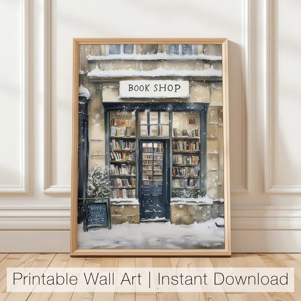 Winter Bookshop Christmas Wall Art, Cozy Print