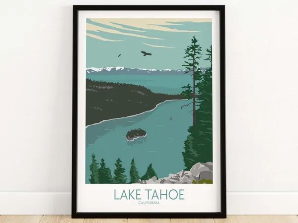 Lake Tahoe Vintage Poster, Forest Landscape Art Print