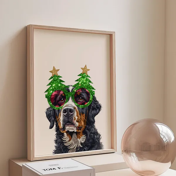 Christmas Bernese Mountain Dog Art Print, Holiday Decor