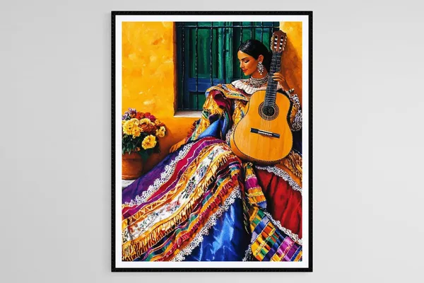 Mexican Woman With Guitar Art Print, Folk Music