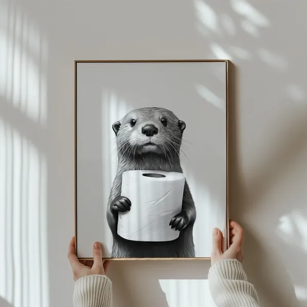 Otter Bathroom Poster, Black and White Animal Art Print